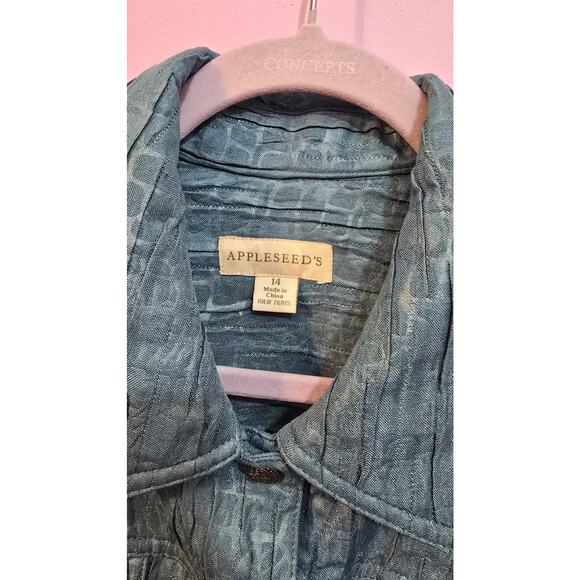 Appleseed's Women's Quilted Button Up Shiny Krinkle Blue Blazer Jacket Size 14 - Picture 3 of 8